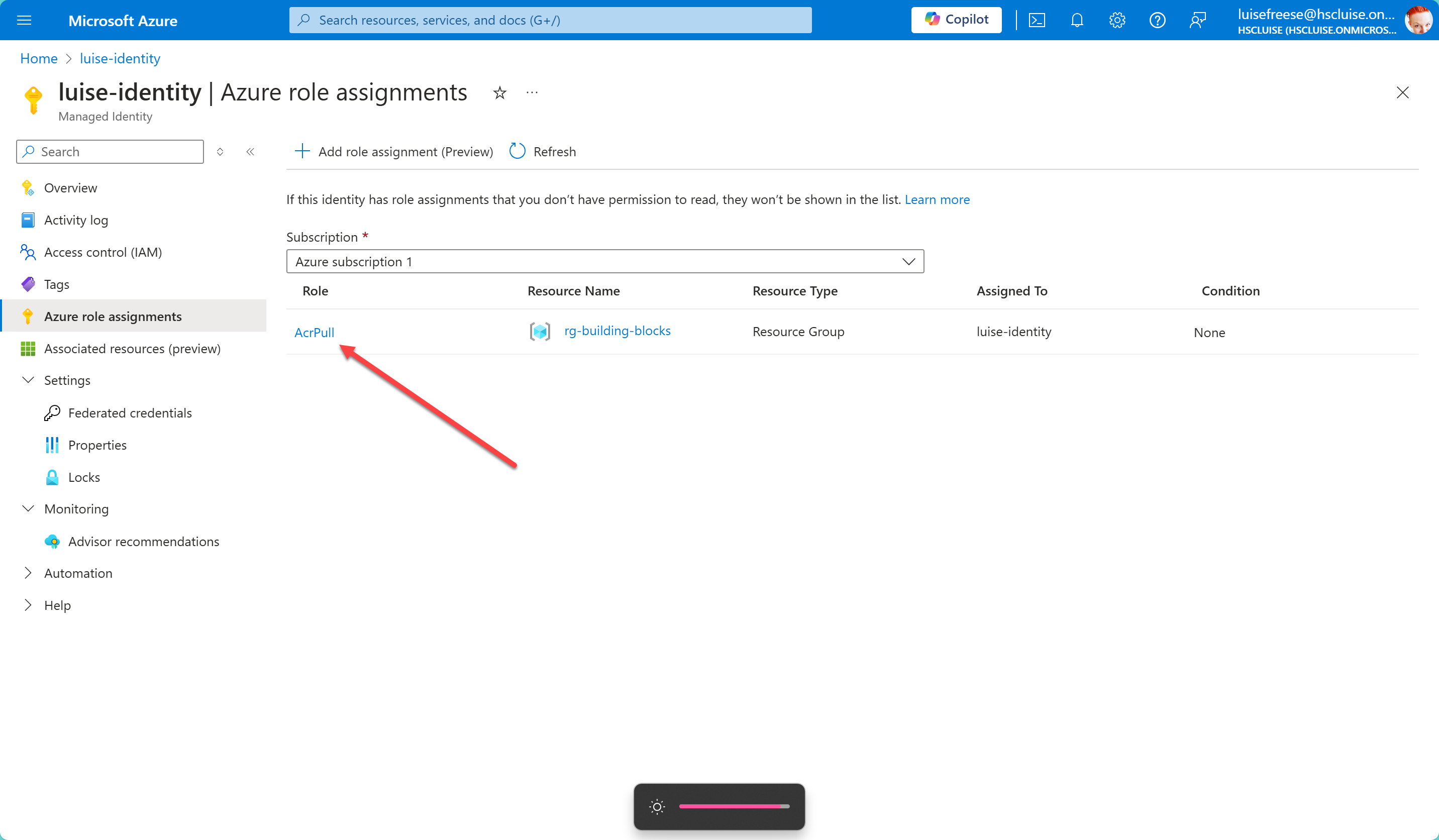 rbac assignment in Managed Identity